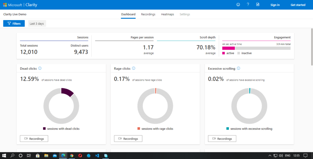 microsoft clarity dashboard